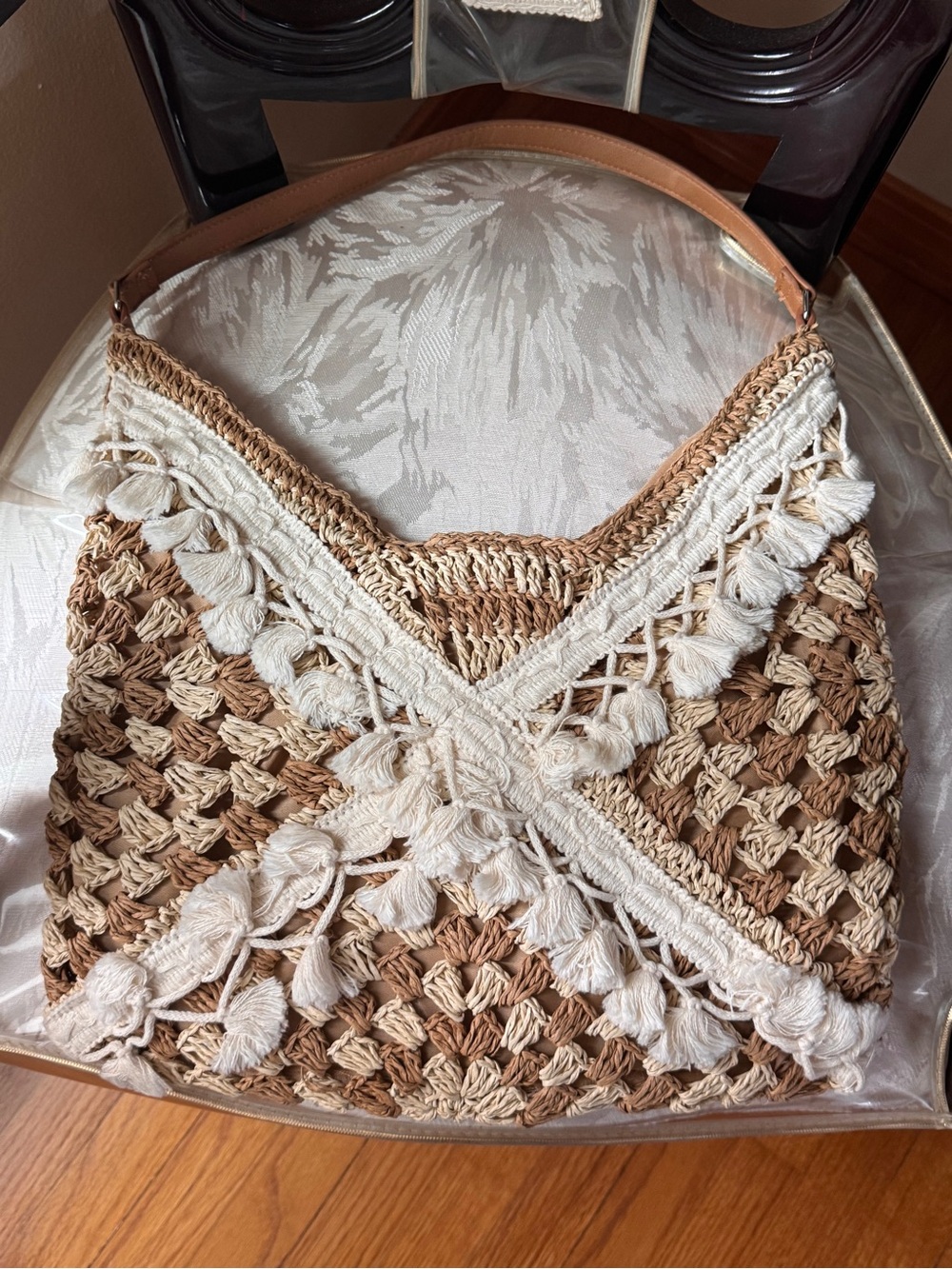 Gently Used Woven Tassel Shoulder Bag - Cream & Tan